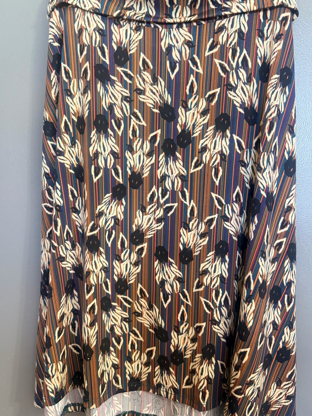 LuLaRoe azure Striped Floral Midi Skirt in Navy, Brown & Cream Medium         #A